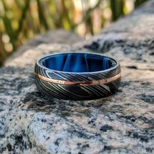 Mens Wedding Band Damascus Steel Ring 14k Rose Gold Blue Ocean Sleeve