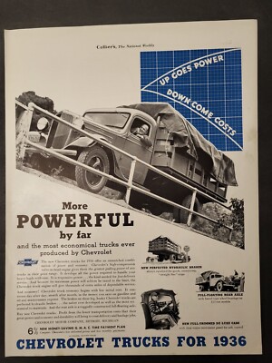 Chevrolet Trucks-More Powerful By Far-Up Goes Power Down Cost-Print Ad 1936