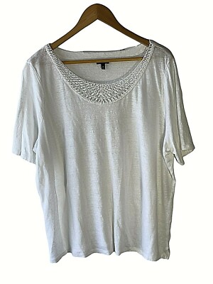 Talbots Size 2X White 100% Linen Crocket Neckline Top