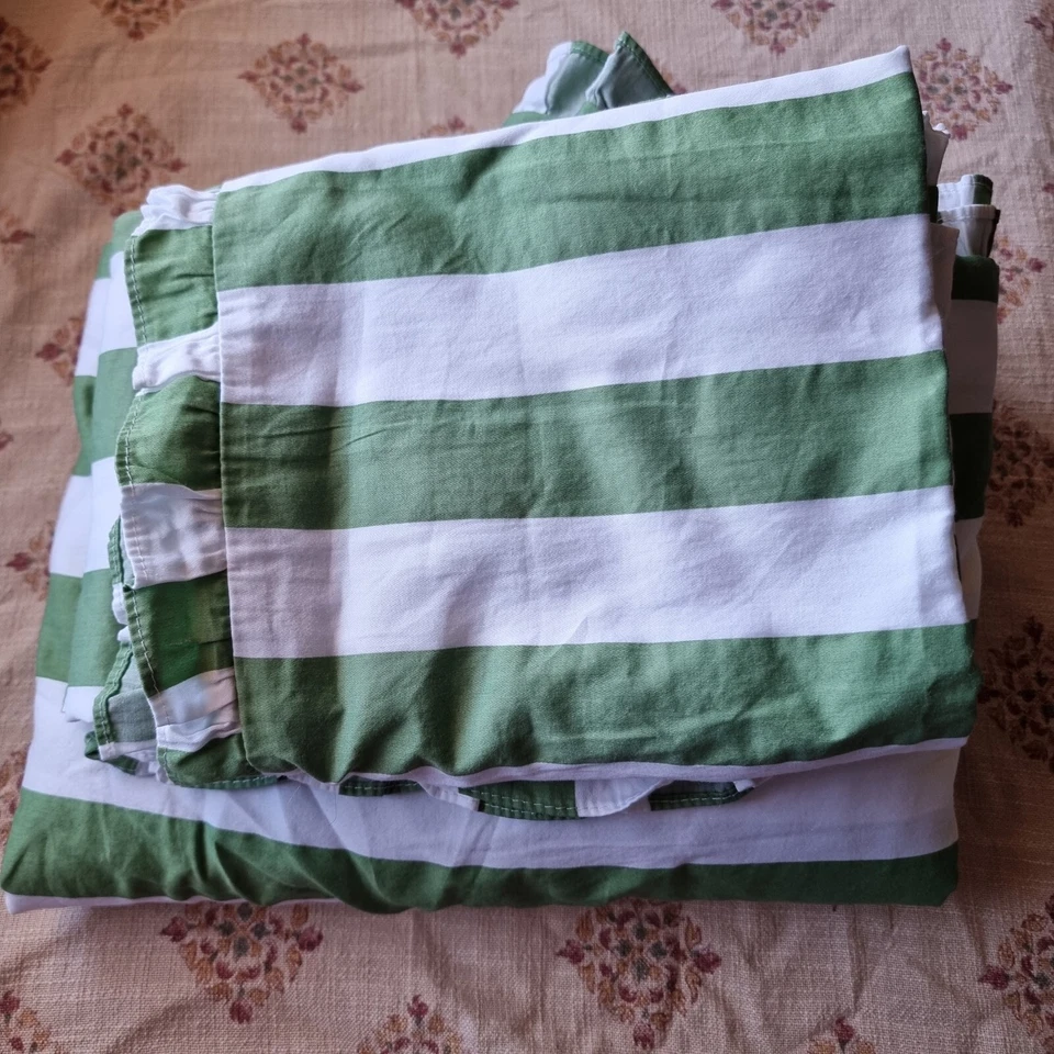 Retro Verde y Blanco Rayas Algodón Puro Doble Doona Funda Dos Fundas de Almohada  Foto 3 de 4