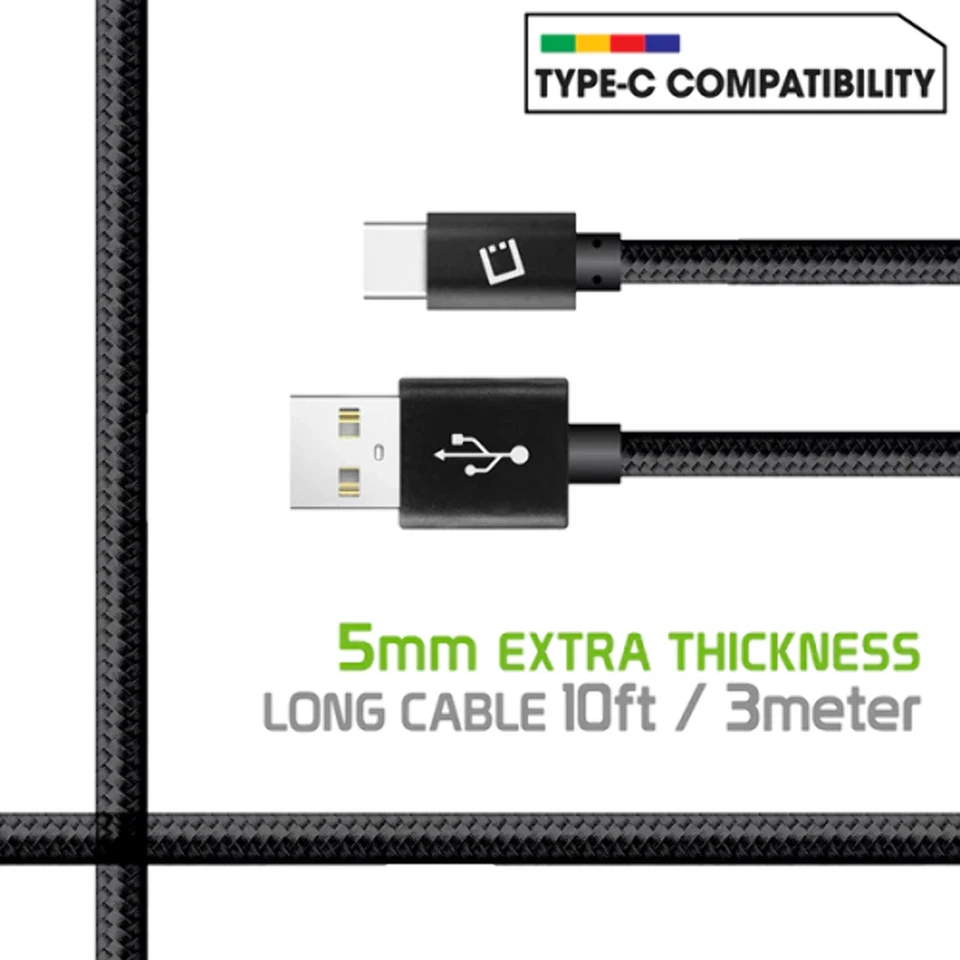 CELLET 10ft Type-C Heavy Duty Braided Charging USB Data Cable BLACK - Image 3 of 4