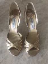 JIMMY CHOO Gold Gerda Glitter Mix D'Orsay Open Toe Sandal Heels 39