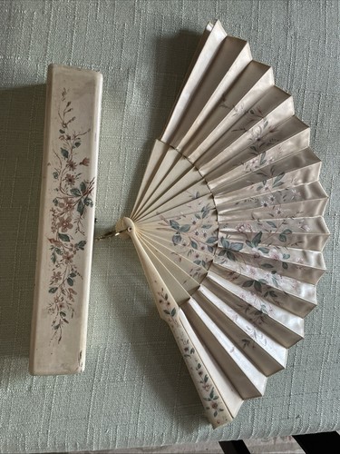 Antique Hand-Painted Silk Folding Fan w/Matching Box