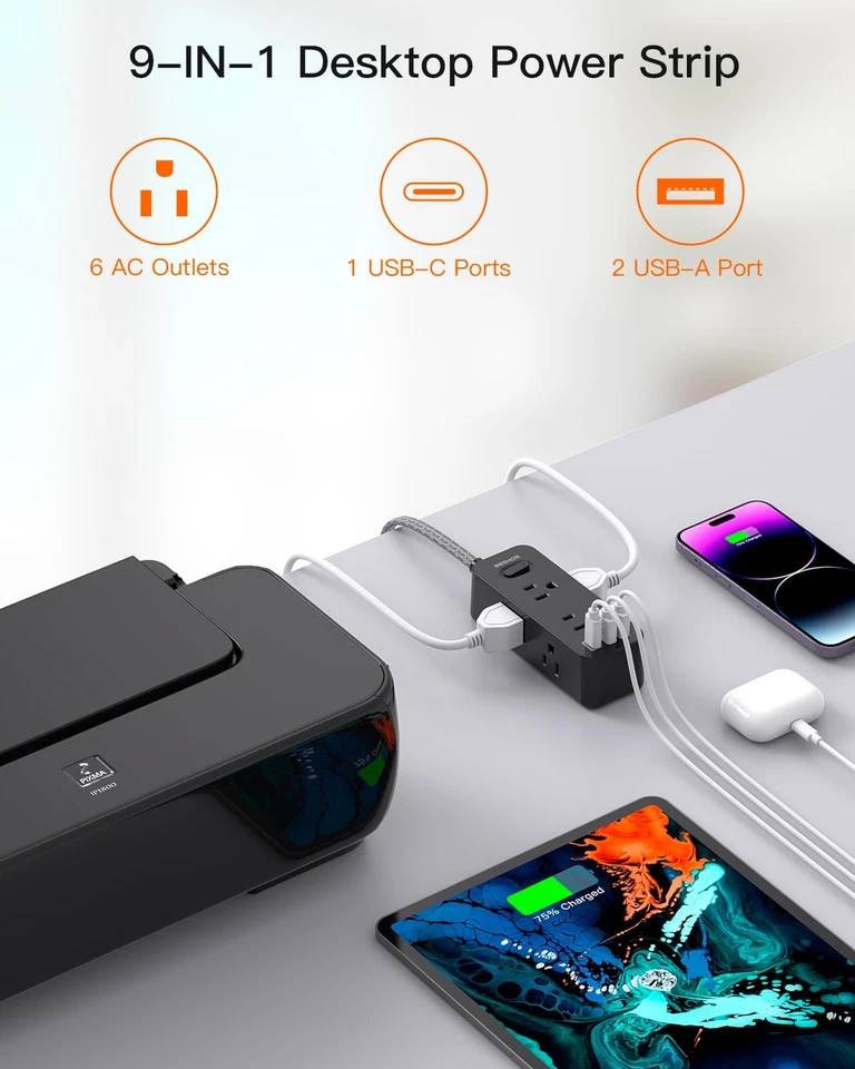 BESHON 25ft Power Strip Surge Protector 6 Outlets 3 USB, 1 USB-C, 3-Sided, Black - Image 3 of 4