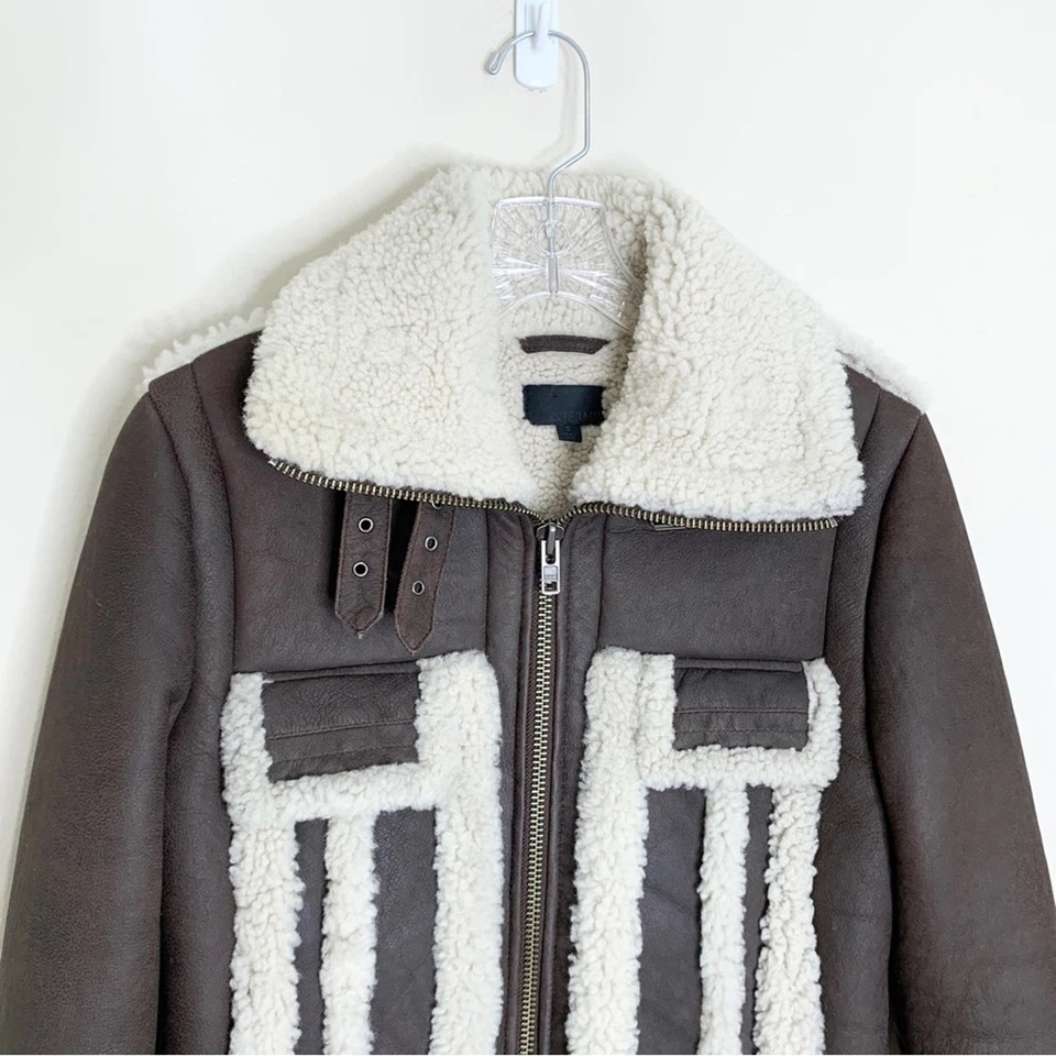 Chaqueta de cuero de oveja Intermix Megan (talla S) aviador bombardero marrón crema Foto 4 de 4