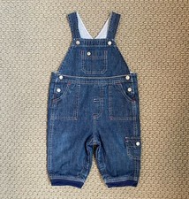 BABY GAP Y2K Soft Jersey Lined Denim Overalls, Teddy Bear Logo, 6-12 Mos, EUC