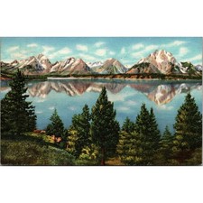 Teton Peaks Reflected In Jackson Lake Teton Natl Park 1935 Vintage Postcard SPT4