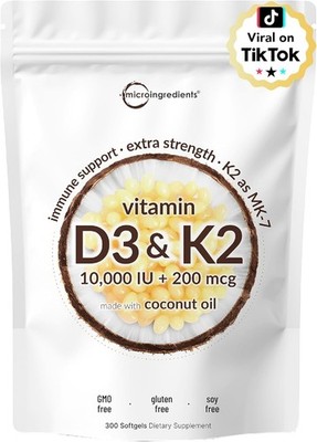Micro Ingredients Vitamin D3 10,000 IU + K2, with Virgin Coconut Oil,exp 06/2026