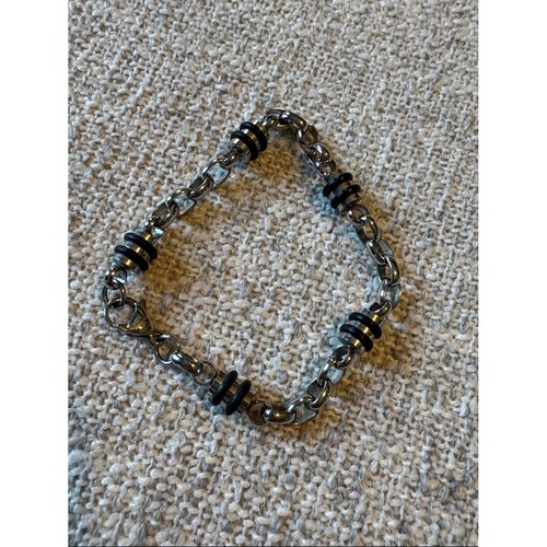 Source Unknown Silver Tone Chain Bracelet Black Accents Minimalist Jewelry