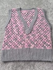 Vintage Handmade Crochet Vest Womens Pink Gray Boho Hippie Cottagecore Granny