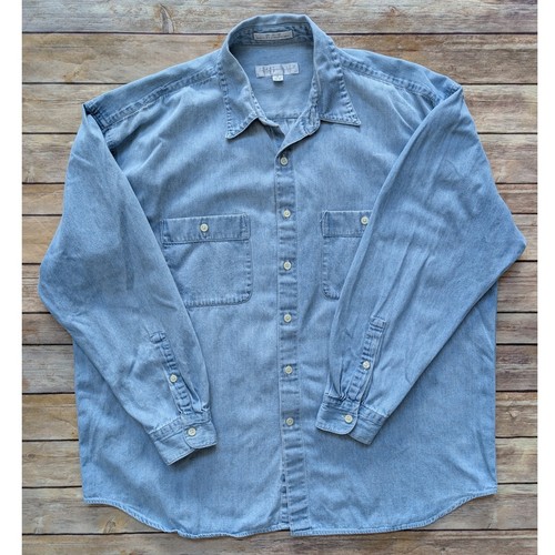 Perry Ellis, Vintage 90s Perry Ellis Portfolio Denim Shirt XL Made in USA Light Wash