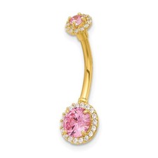 14K Gold 14 Gauge Polished Pink and White CZ Navel / Belly Ring