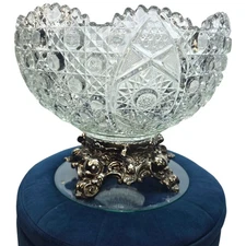 Vintage Glass Daisy & Button Punch Bowl & Heavy Silver/Brass Bowl Base Stand 