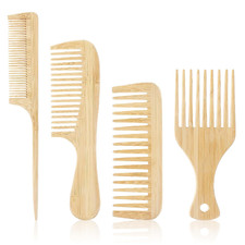 4PCS Bamboo Comb Set Natural Anti-Static Wooden Pick for Thick Curly Hair Wooden