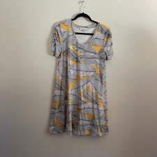LOFT S Yellow Black White Jersey Knit Round Neck Fern Short Sleeve Swing Dress