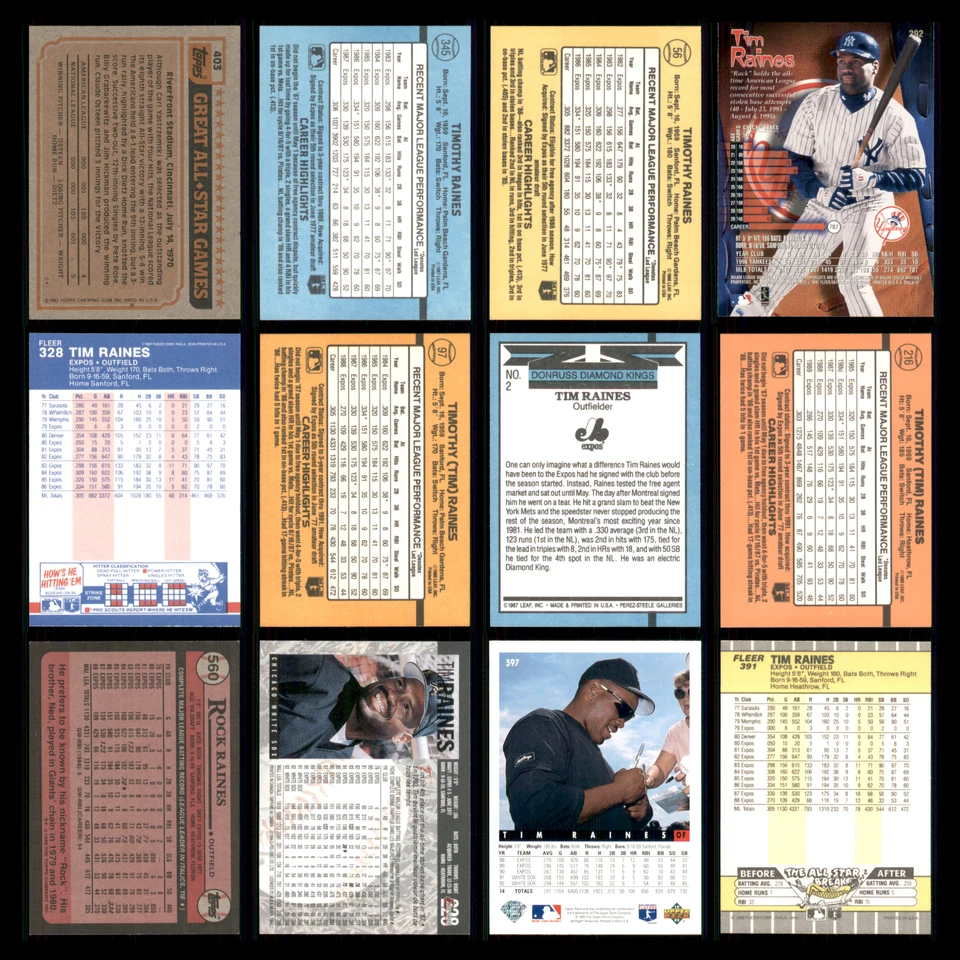 Lote de 12 tarjetas de béisbol de Tim Raines 1983 Topps Montreal Expos conjunto colección MLB CASI NUEVO Foto 2 de 4