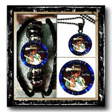 JIMI HENDRIX AMERICAN GUITARIST 🇺🇸 SET OF 3 🇺🇸 BRACELET ➕NECKLACE ➕PIN