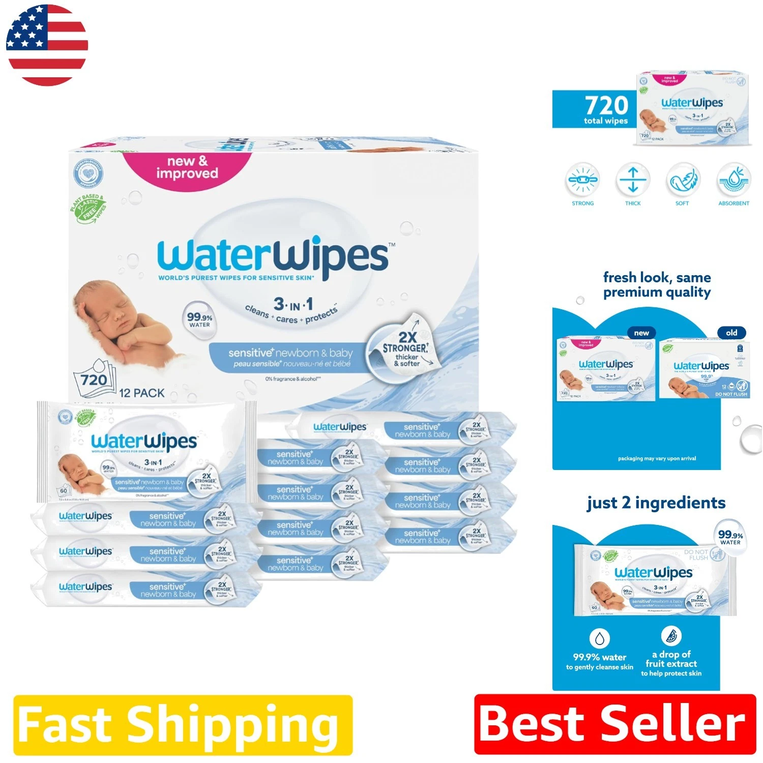 Newborn Baby Wipes, 720 Count, Plant-Based, Hypoallergenic, Gentle