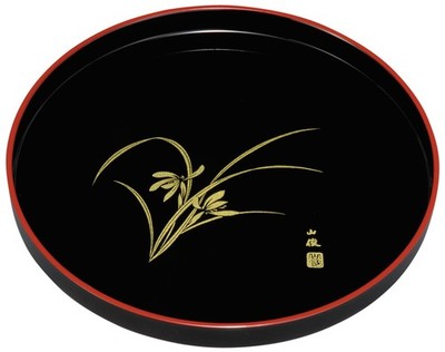 Lacquerware Round Tray, Black, Orchid Design, Nakanishi Kogei Kishu japan craft