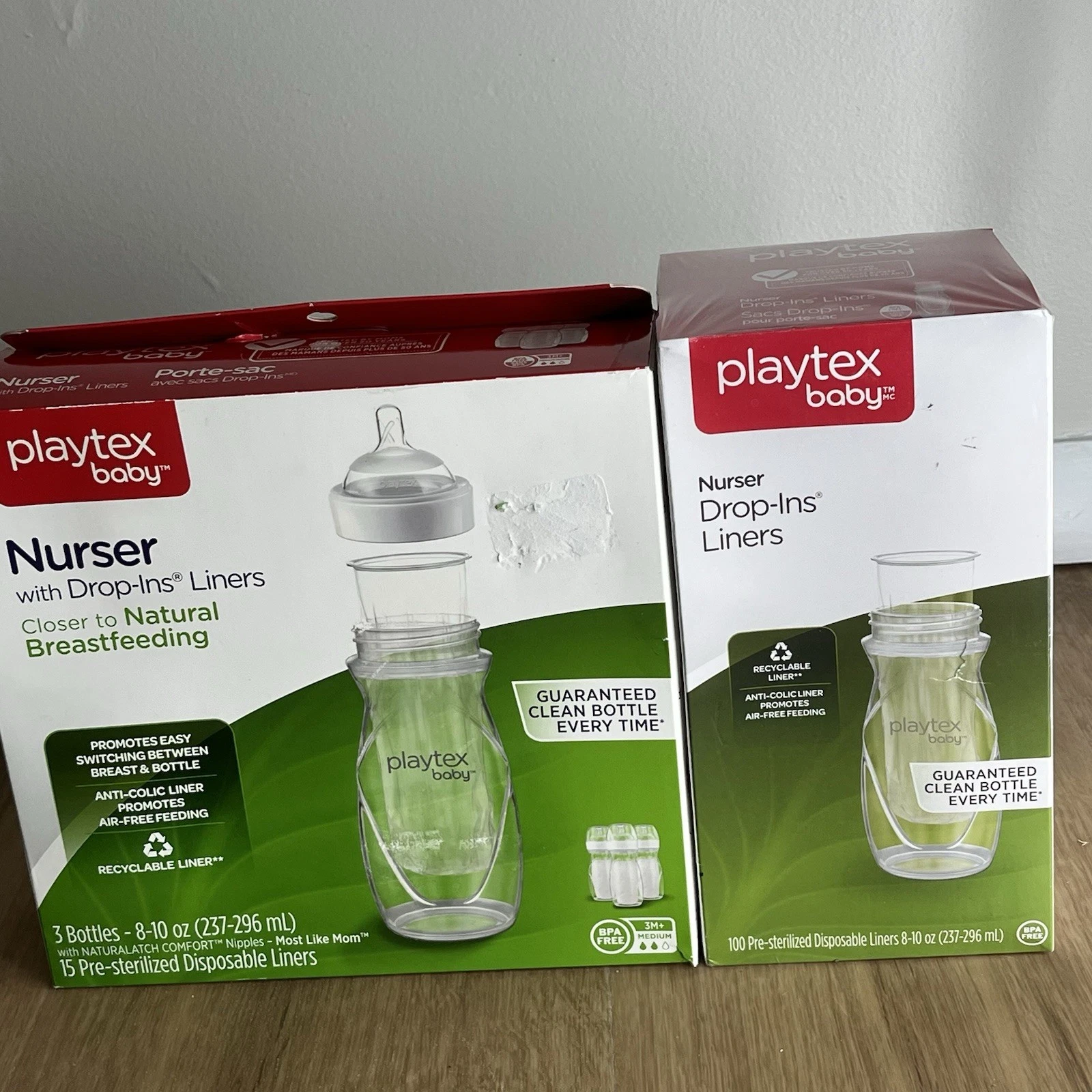 Playtex BABY 10oz (3) Bottles w/ Drop-Ins Liners System 3M+ Med Flow 100 LINERS