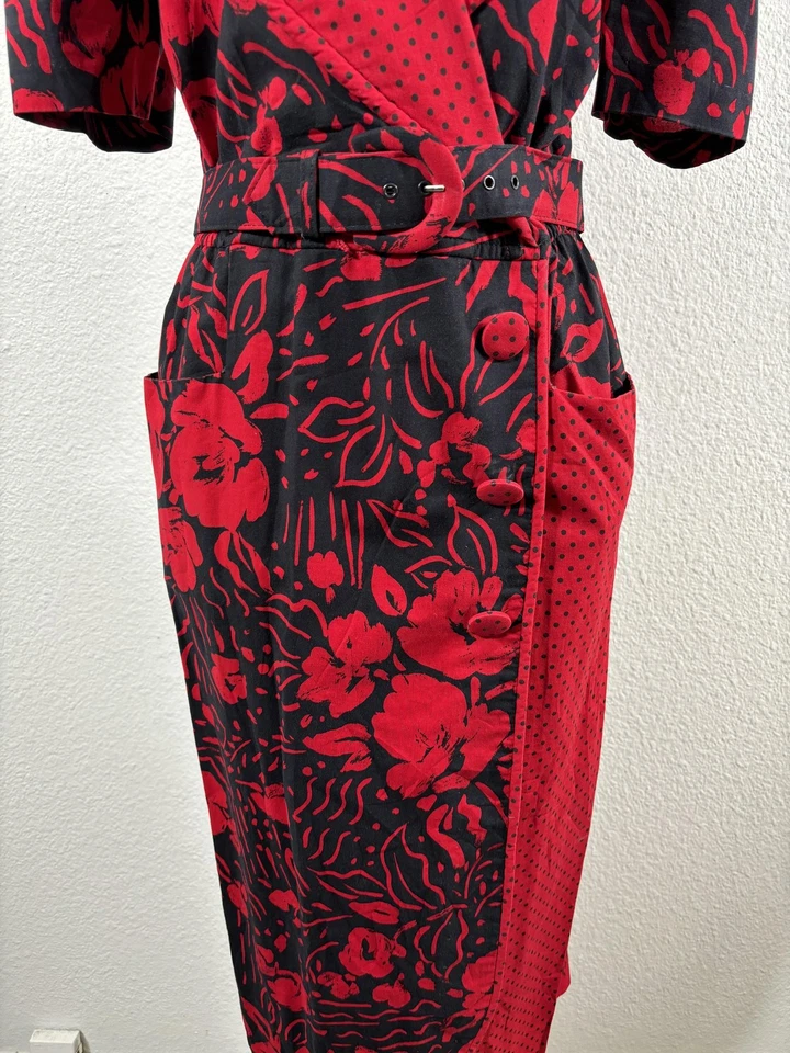 复古 Brenner 连衣裙女式大号黑色红色裹身腰带花卉圆点 80 年代 — 第 3/4 张图片