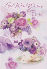 GET WELL WISHES GREETING CARD 7"X5" PURPLE FLOWERS