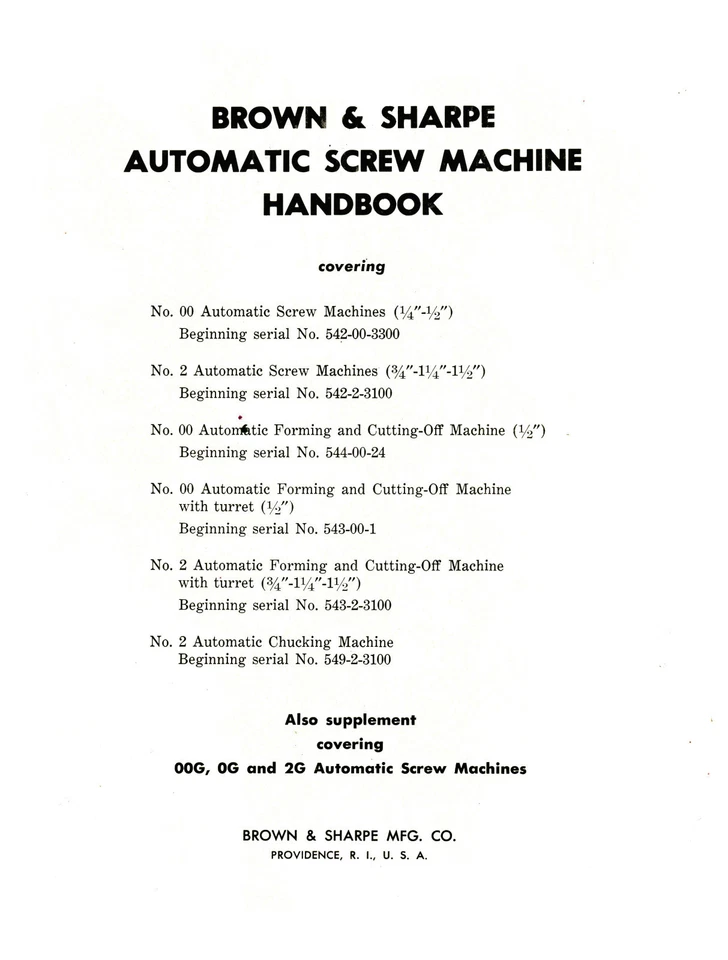 Brown -Sharpe 00, 000, 2, 0G, 00, & 2G Auto Screw & Forming Machines Manual *463 - Image 2 of 4