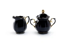 Grace Teaware Black Gold Scallop Fine Porcelain Sugar & Creamer Set with Gold