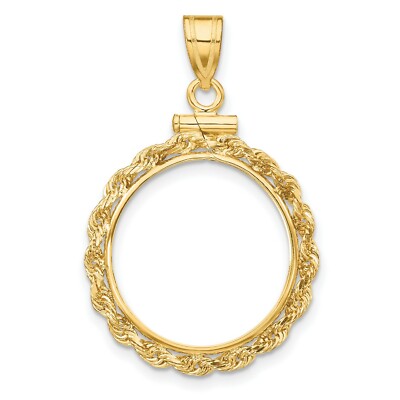 14k Gelbgold zierlich geknotetes Seil Schraubverschluss US Barber Dime Münze Einfassung