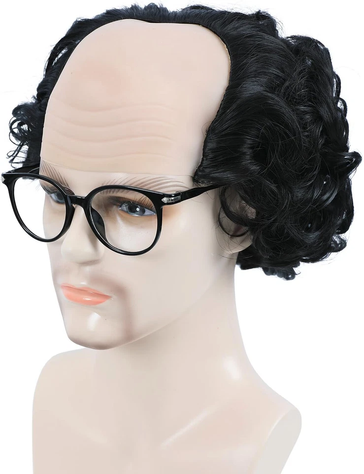 Old Man Bald Costume Wig and Glasses elderly grandpa boy cosplay school black - Image 3 of 4