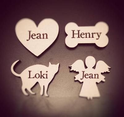 personalisierte Holzformen Herz, Hundeknochen, Katze, Engel Lasercut
