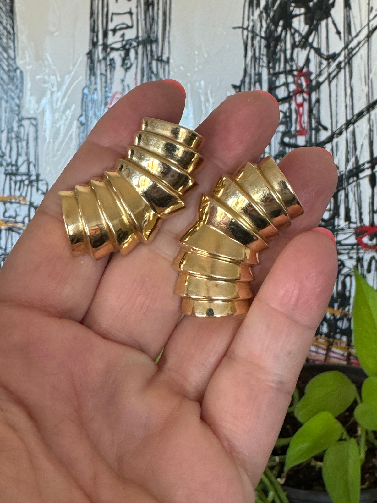 14K  Earrings Statement Solid Gold Ribbed - image 1