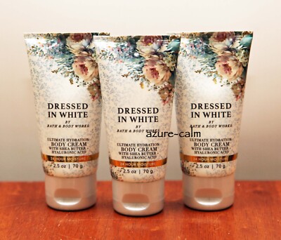 Bath Body Works DRESSED IN WHITE 2.5ozs Body Cream Lotion 3PC Travel Set