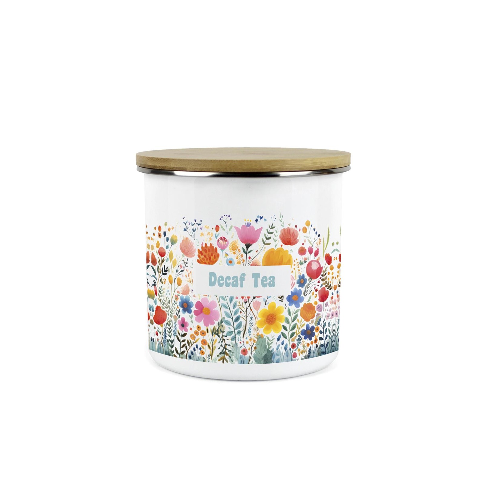 Bright Floral Decaf Tea Canister - Colourful Enamel Kitchen Storage Jar Gift