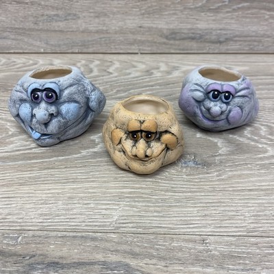 Anthropomorphic Pots Ceramic Succulent Planters Handpainted Silly Faces Set of 3