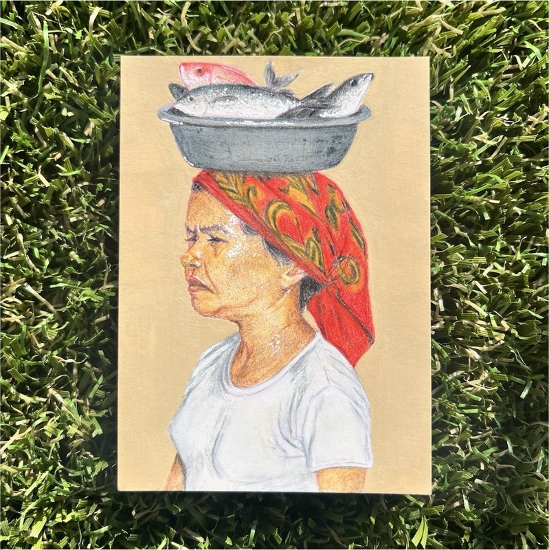 ACEO Art Card Original, Mini Portrait, Fish Art, Woman Drawing, Signed 2.5x3.5