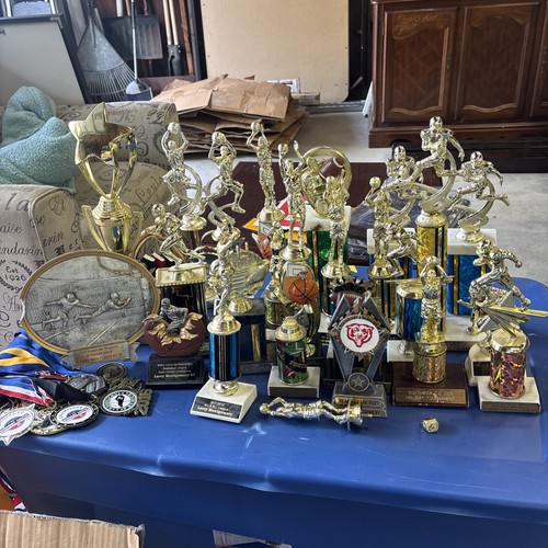 Lot of  Sports Trophies Marble Bottoms Basketball, Football, Academics