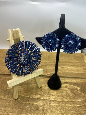Vintage 1950s Atomic Design Blue Enamel & Blue Rhinestone Brooch & Earrings