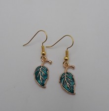Pretty Leaf Dangle Drop Earrings Fall Blue Enamel Golden Toned Lightweight