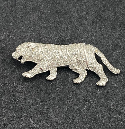 Vintage Jenna Nicole Sterling Silver & Crystal Rhinestones Tiger Brooch Pin