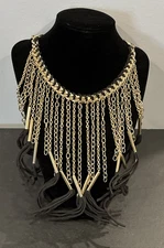 BOLD Bib Statement Faux Suede Choker Gold Tone 20"-23" Necklace NYE Party Event
