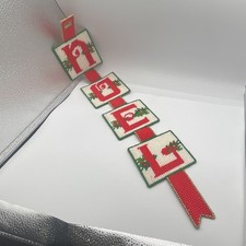 NOEL Christmas Needlepoint Banner Wall Hanging Vertical Red White Green Fabric