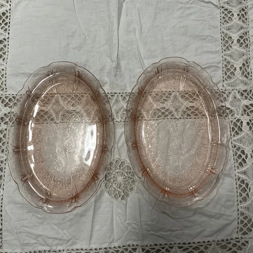 Set Of 2 Cherry Blossom Pink Depression Glass Oval Serving Dish 11"
