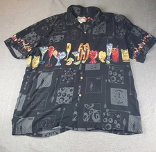 Paradise Found Hawaiian Shirt Mens 2XL Black Rayon Happy Hour Cocktail Button Up