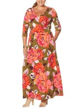 Curations Surplice Knit Maxi Dress L Avg Olive Coral Floral New Wrap