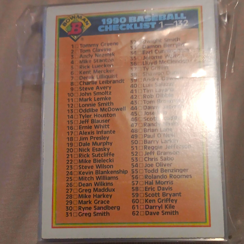 Bowman 1990 Bowman Baseball Checklist Cards Lot 132 (1-132) MLB - Maddux