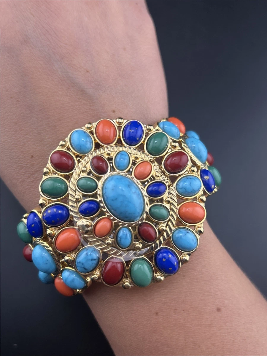 R.J. Graziano Lucite Tortoise Gold Tone Clamper Watch Bracelet. RJ GRAZIANO GOLD TONE PEACH LUCITE CABOCHON STRATCH BRACELET  main image 4