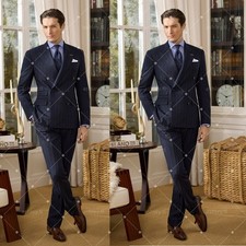 Striped Men's Suits Double Breasted Wedding Groom Tuxedo Dinner Party 2 Pieces