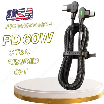 3A 90° Type C To USB-C Cable 60W PD Fast Charging Cord For iPhone 16 15 Samsung