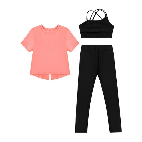 Kids Girls Shirts With Crop Tops And Pants Solid Color Sportswear Gym Costume - Picture 8 of 23
